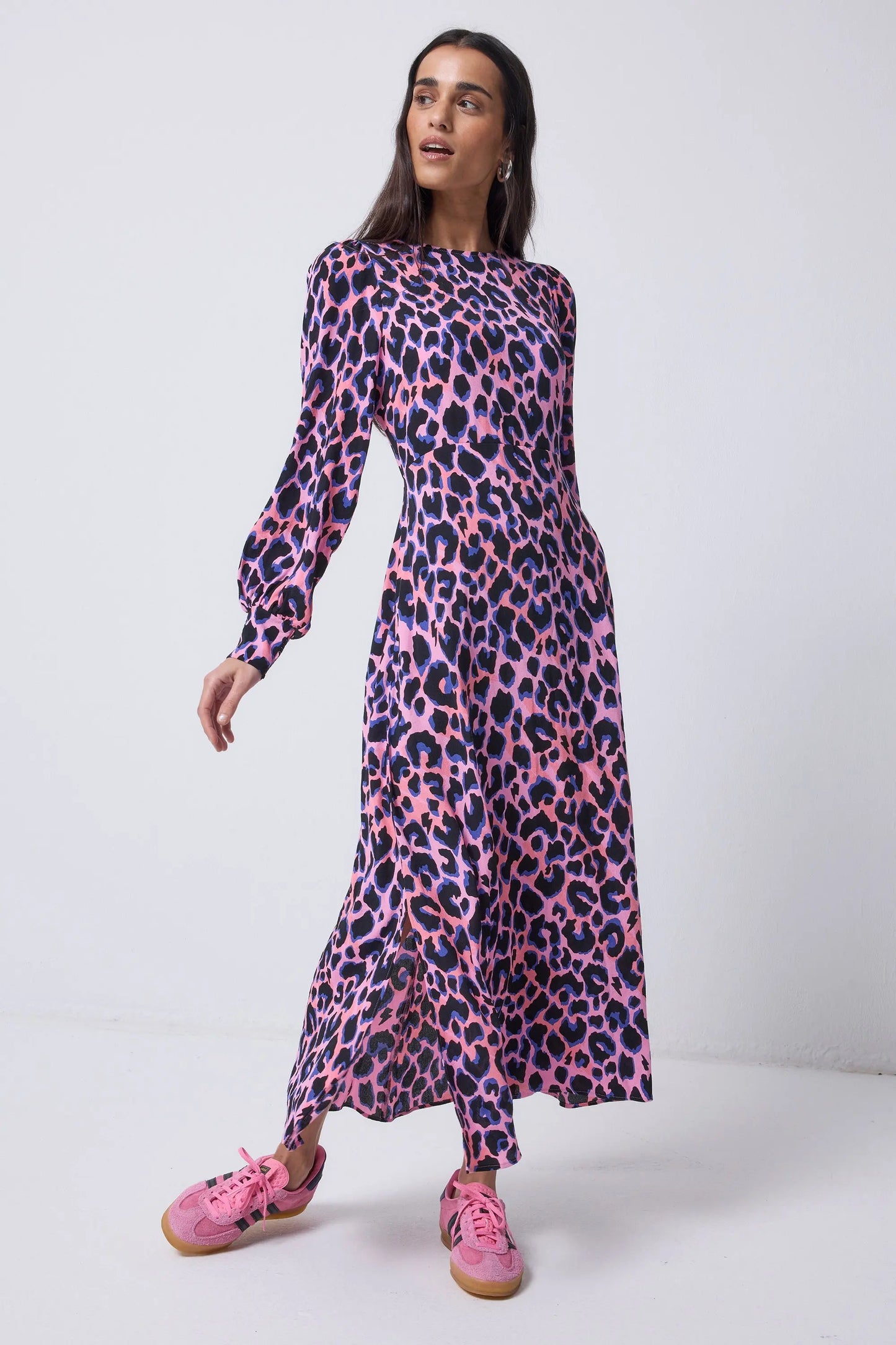 Pink with Blue and Black Shadow Leopard Blouson Sleeve Midi Dress Scamp & Dude