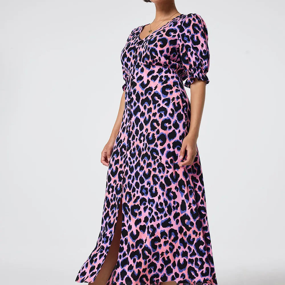 Pink with Blue and Black Shadow Leopard Flute Sleeve Midi Tea Dress Scamp & Dude