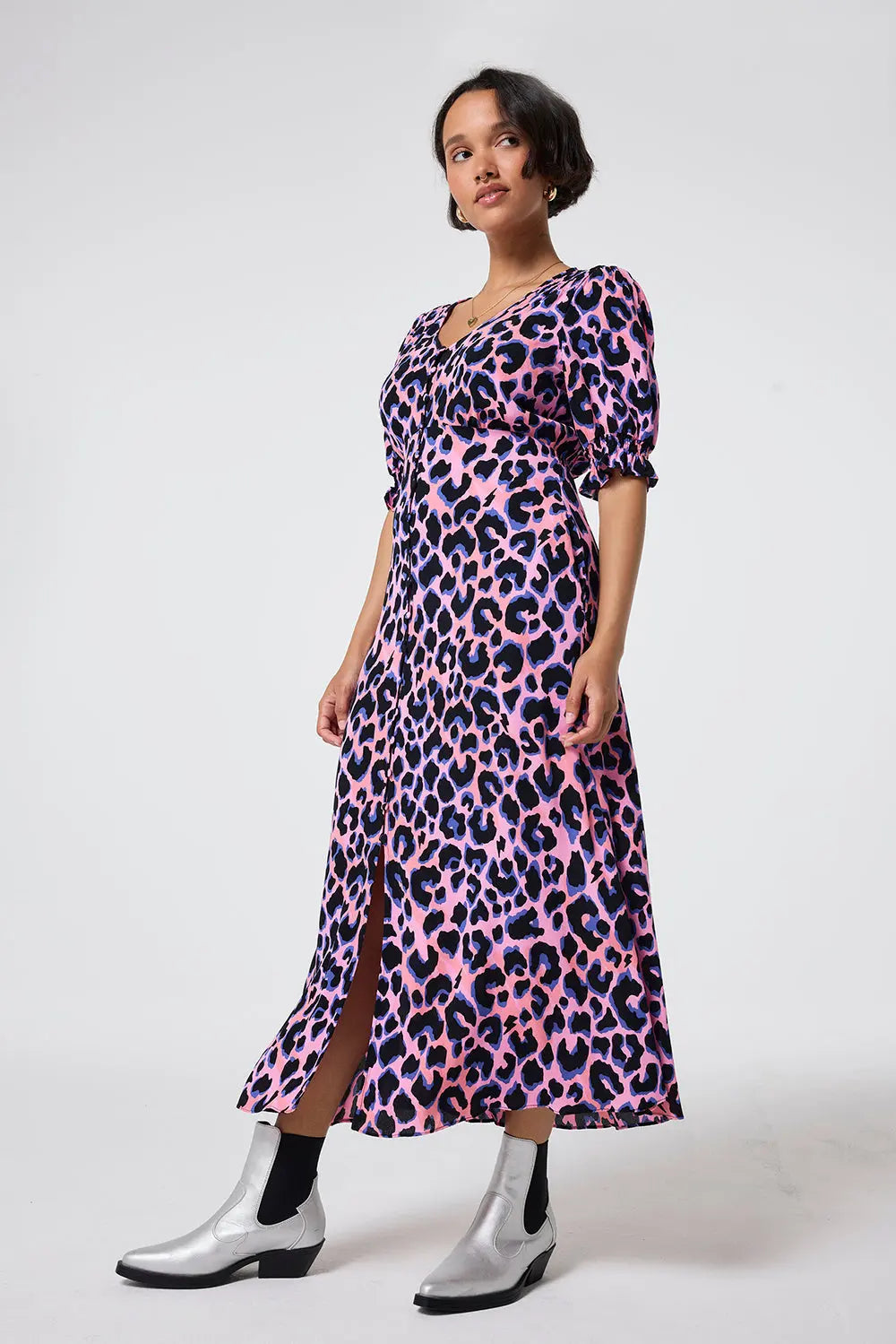 Pink with Blue and Black Shadow Leopard Flute Sleeve Midi Tea Dress Scamp & Dude