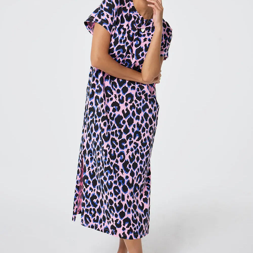 Pink with Blue and Black Shadow Leopard Midi T-Shirt Dress Scamp & Dude