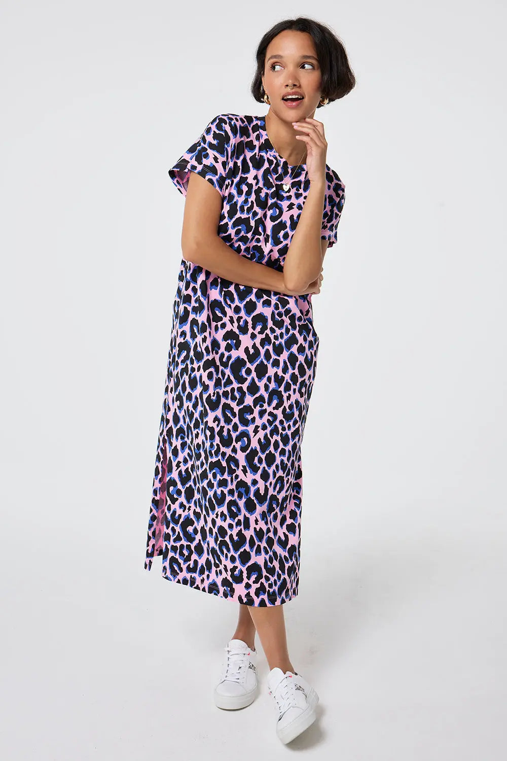 Pink with Blue and Black Shadow Leopard Midi T-Shirt Dress Scamp & Dude