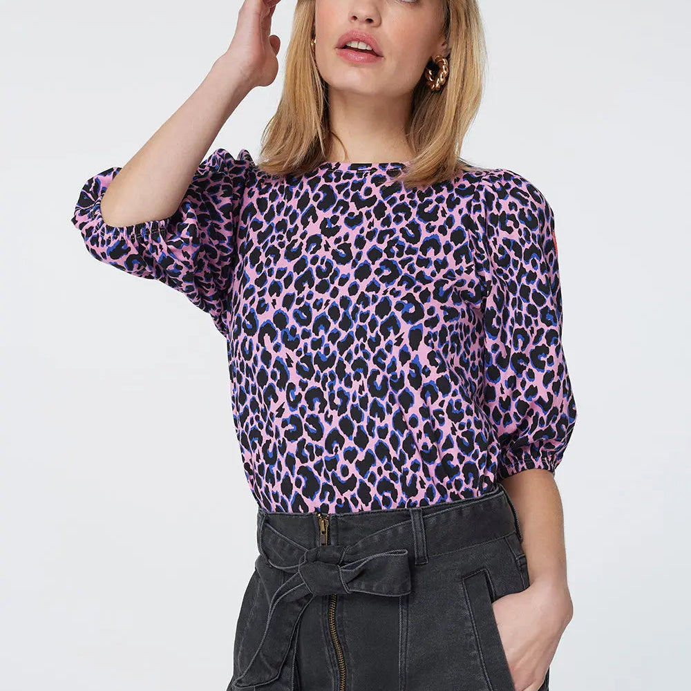 Pink with Blue and Black Shadow Leopard Puff Sleeve T-Shirt Scamp & Dude