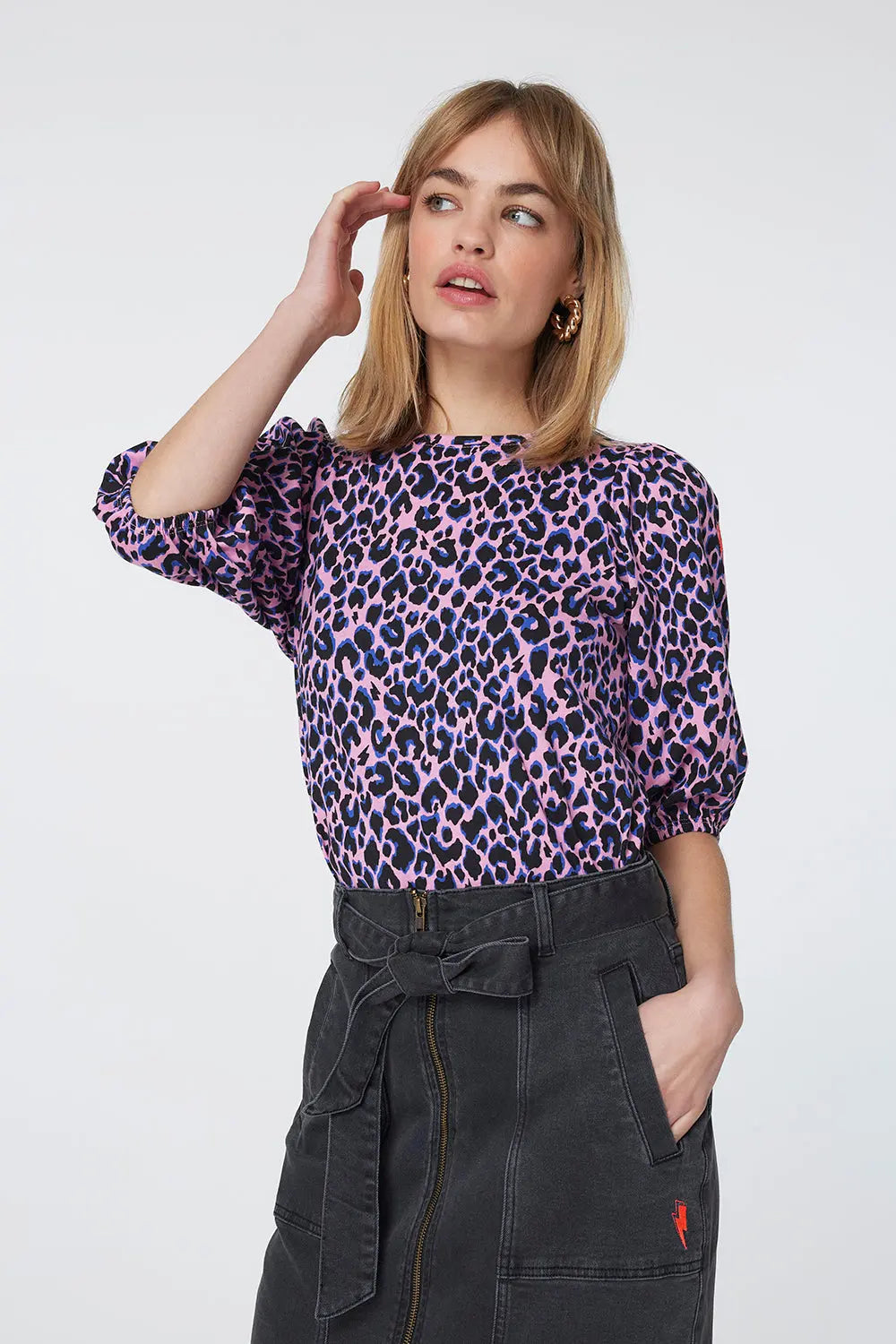 Pink with Blue and Black Shadow Leopard Puff Sleeve T-Shirt Scamp & Dude