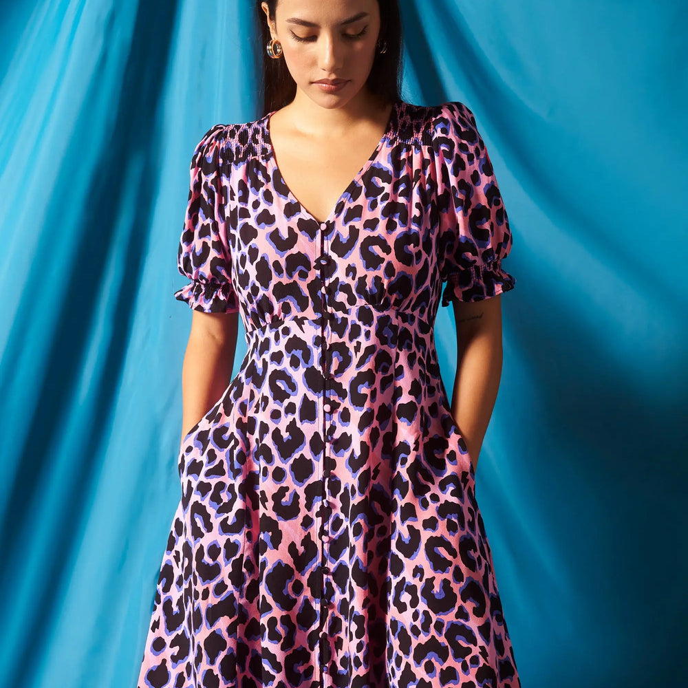 Pink with Blue and Black Shadow Leopard Short Tea Dress Scamp & Dude