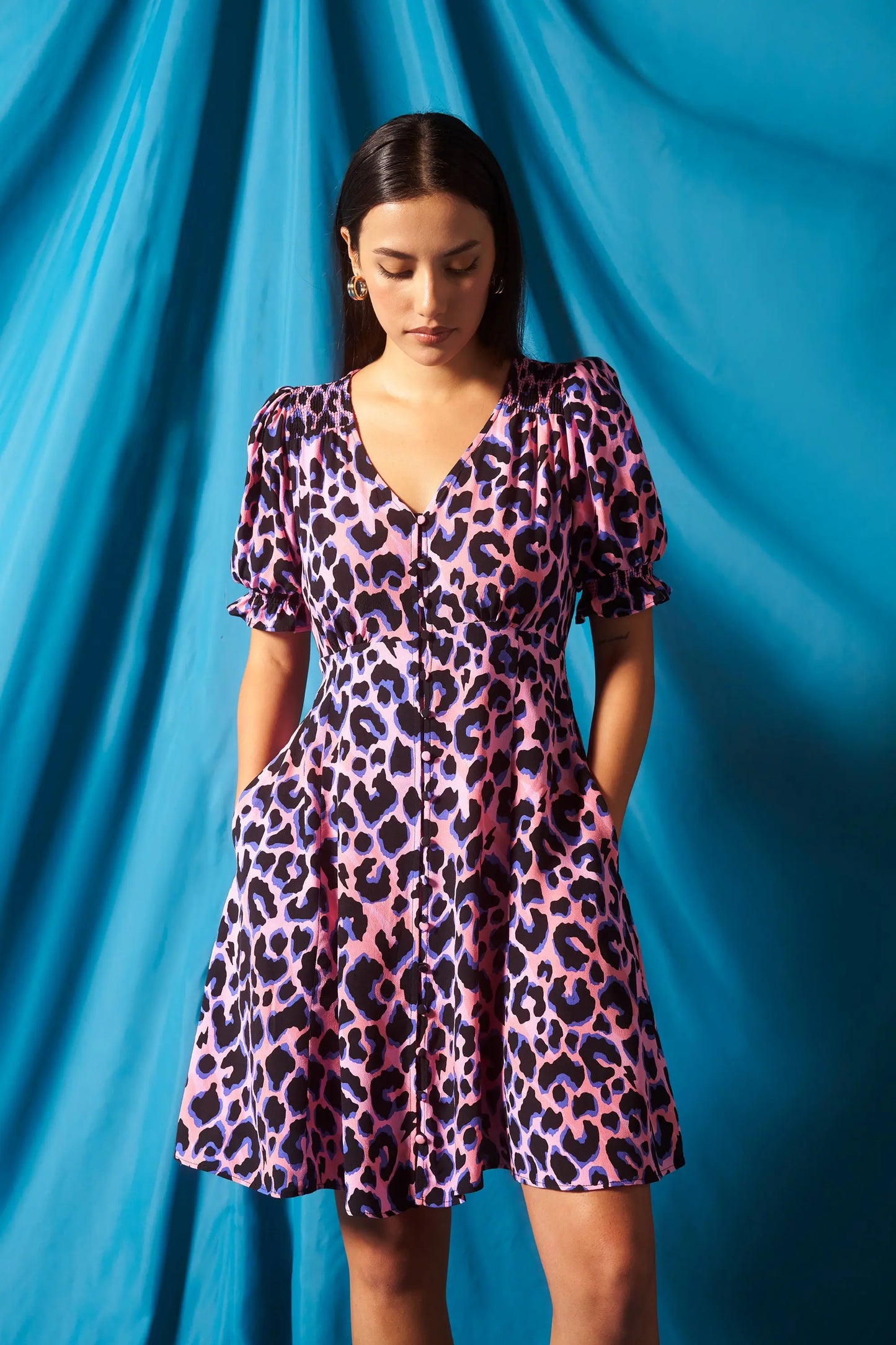 Pink with Blue and Black Shadow Leopard Short Tea Dress Scamp & Dude