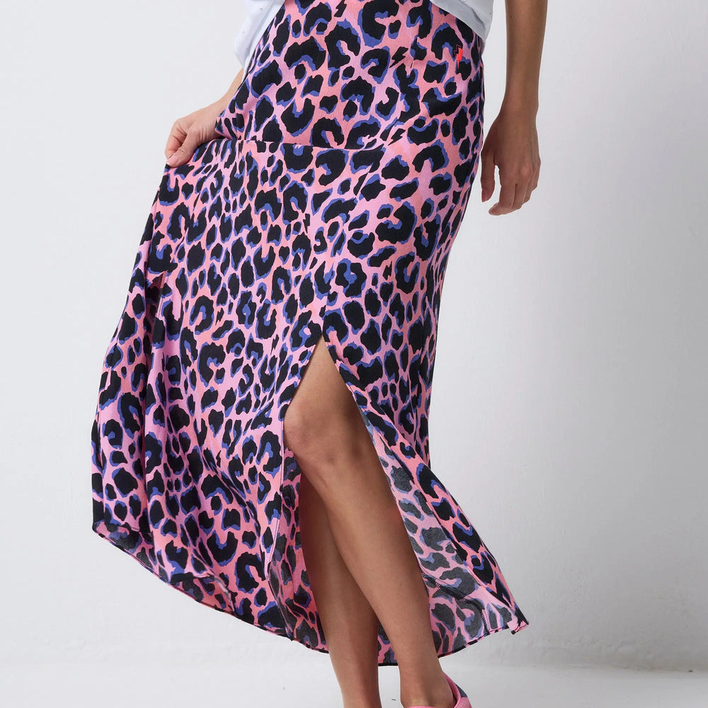 Pink with Blue and Black Shadow Leopard Split Front Skirt Scamp & Dude