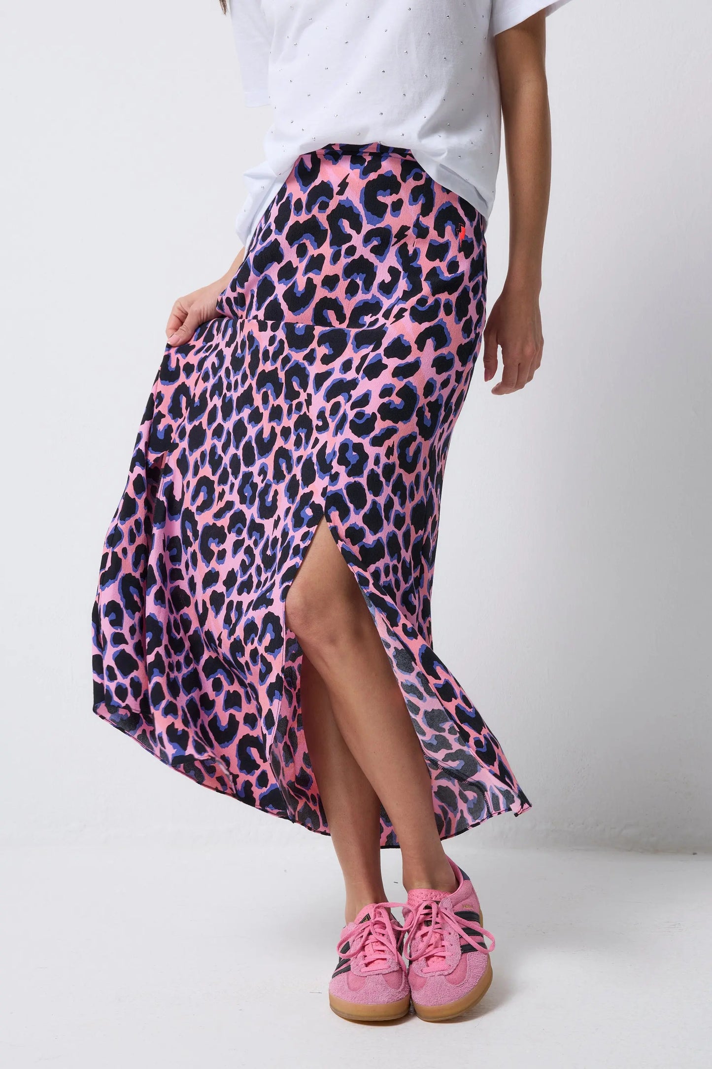 Pink with Blue and Black Shadow Leopard Split Front Skirt Scamp & Dude
