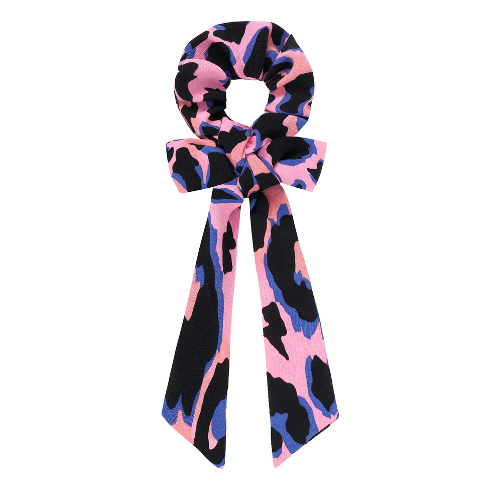 Pink with Blue and Black Shadow Leopard Surplus Fabric Bow Scrunchie Scamp & Dude