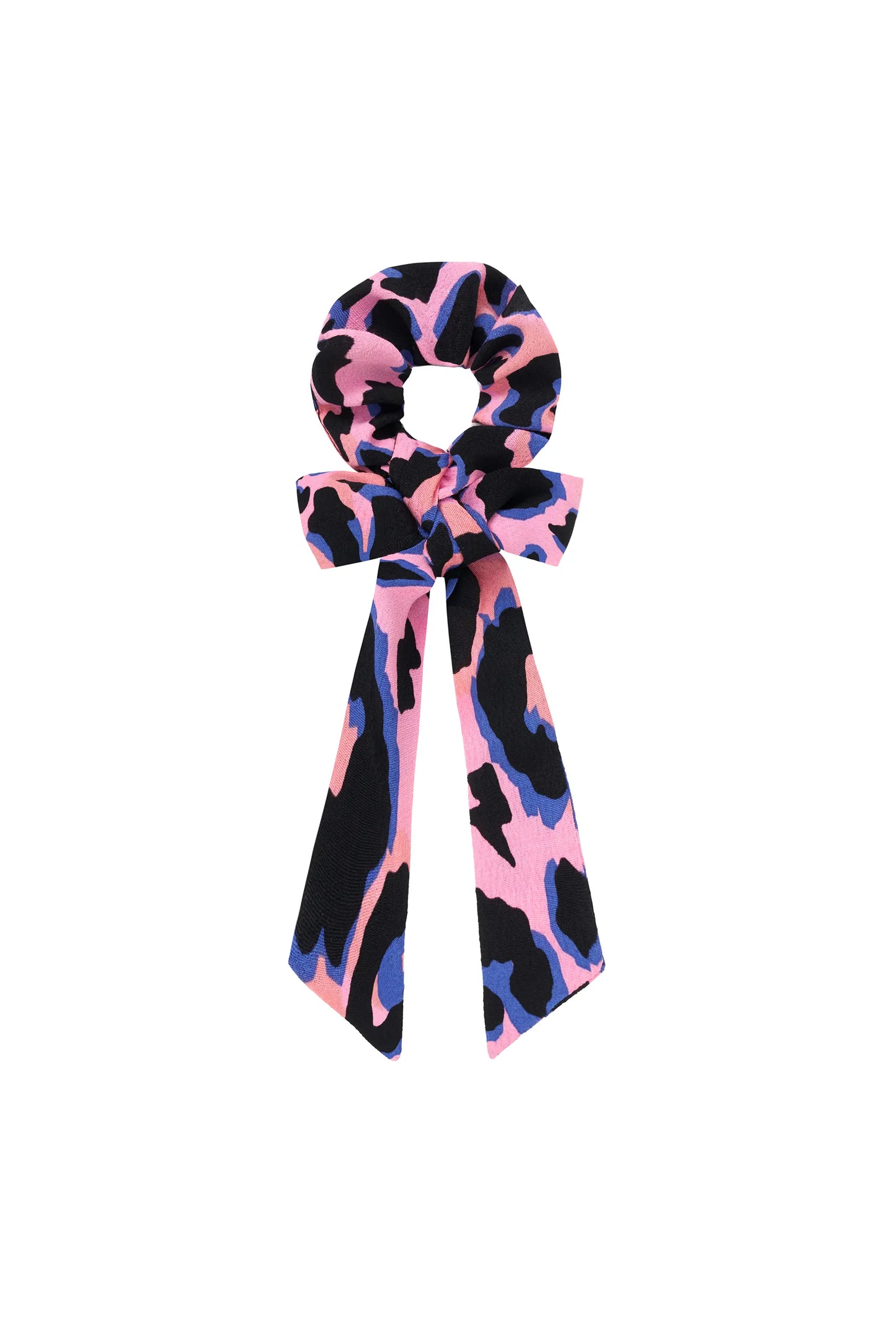 Pink with Blue and Black Shadow Leopard Surplus Fabric Bow Scrunchie Scamp & Dude
