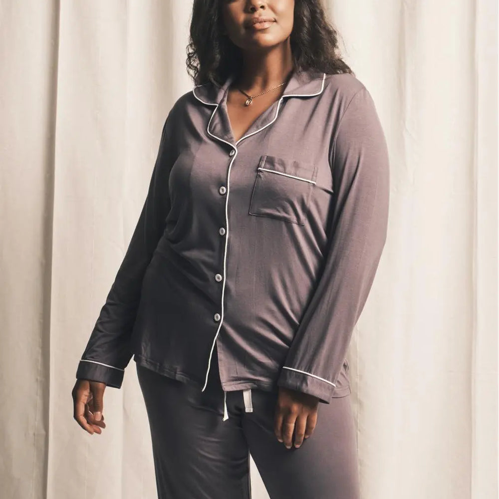Piped Edge Bamboo Pyjama Set in Charcoal Grey Made Wright London