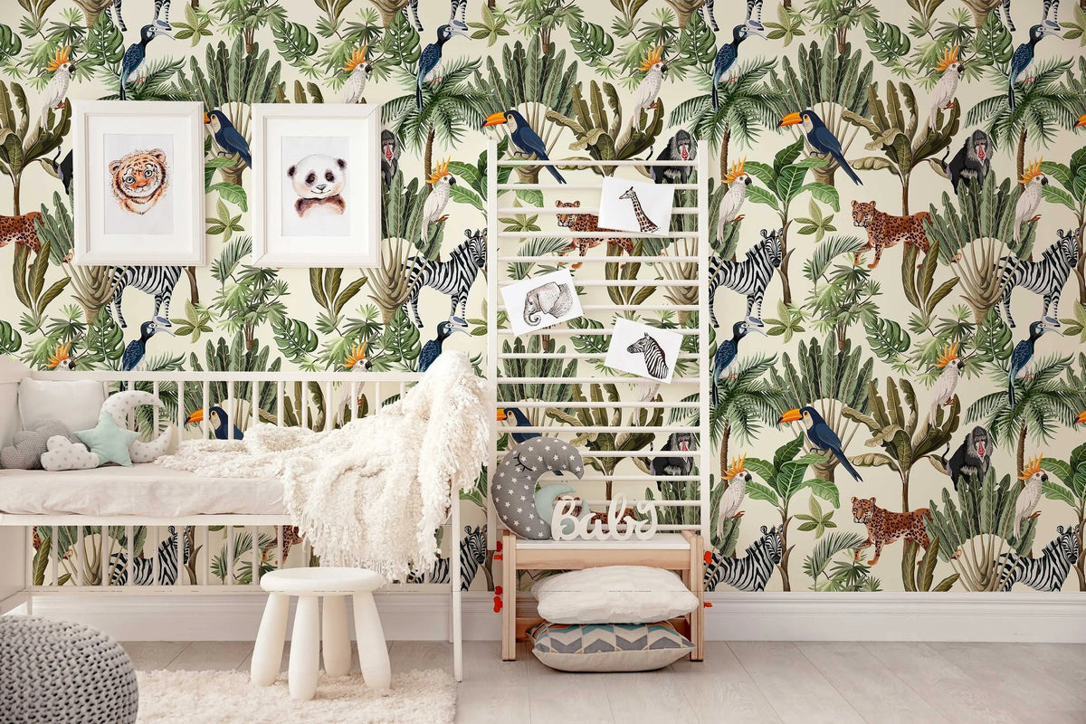 Playful Jungle Animals Watercolour Wallpaper for Nursery and Kids' Room Décor ClickWalls