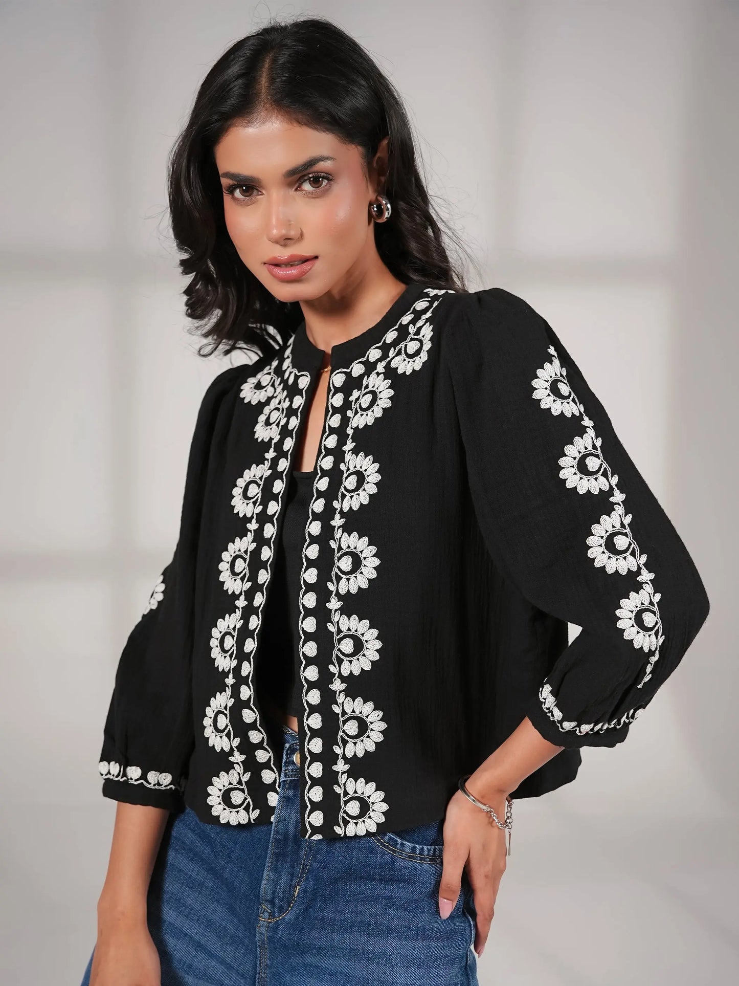 Polly Black And Ivory Embroidered Easy Throw-On Jacket Rose & Nancy