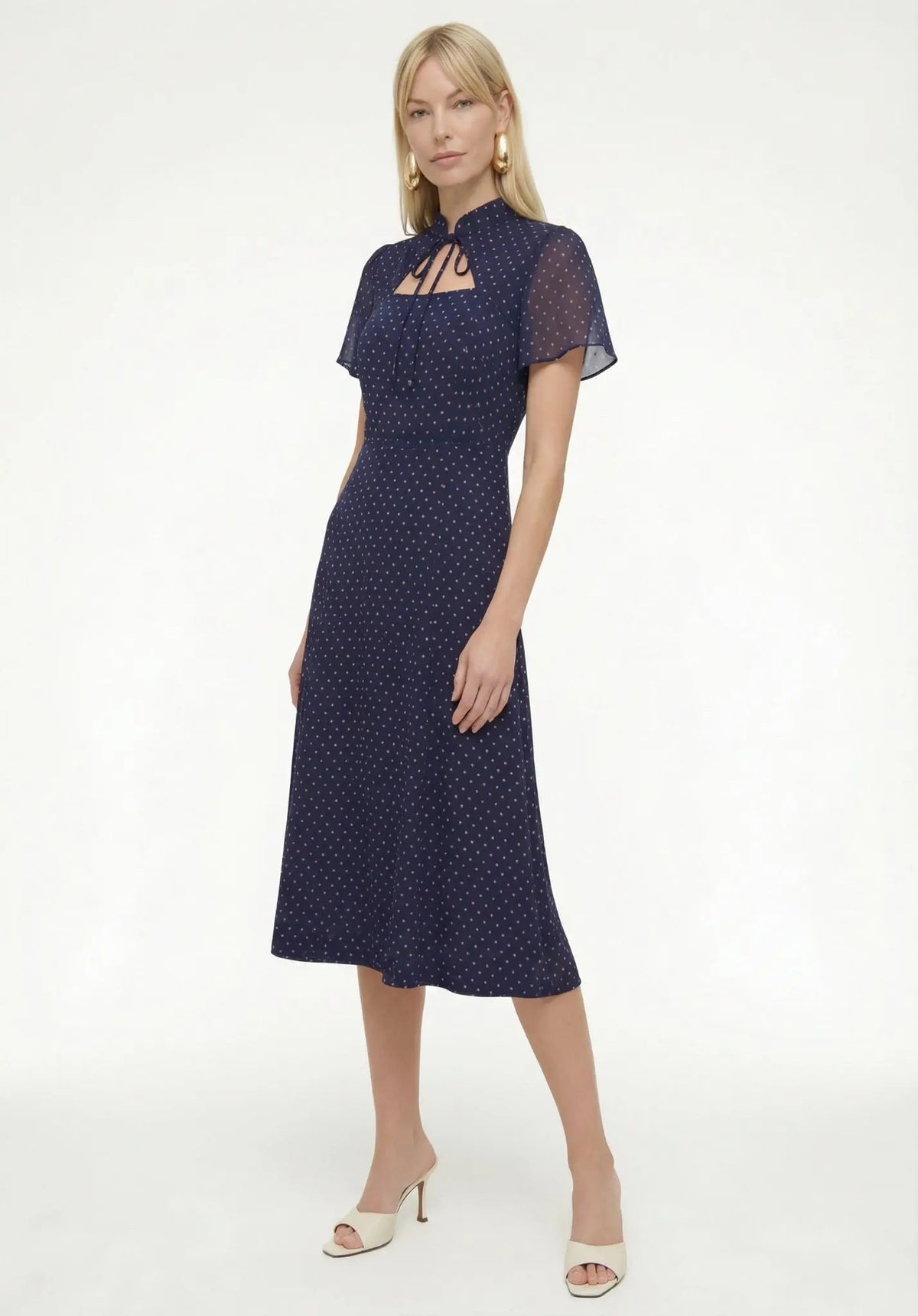 Primrose Garden Polka Dot Print Midi Dress In Navy Lily and Lionel