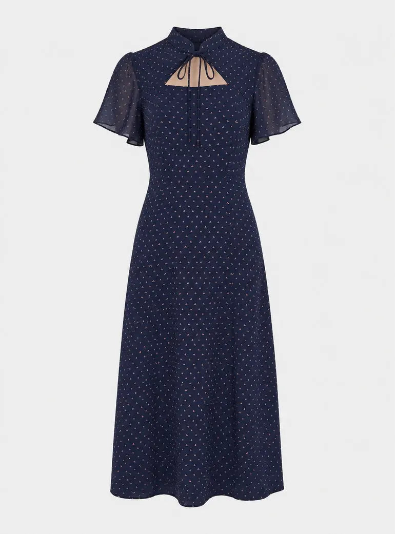 Primrose Garden Polka Dot Print Midi Dress In Navy Lily and Lionel