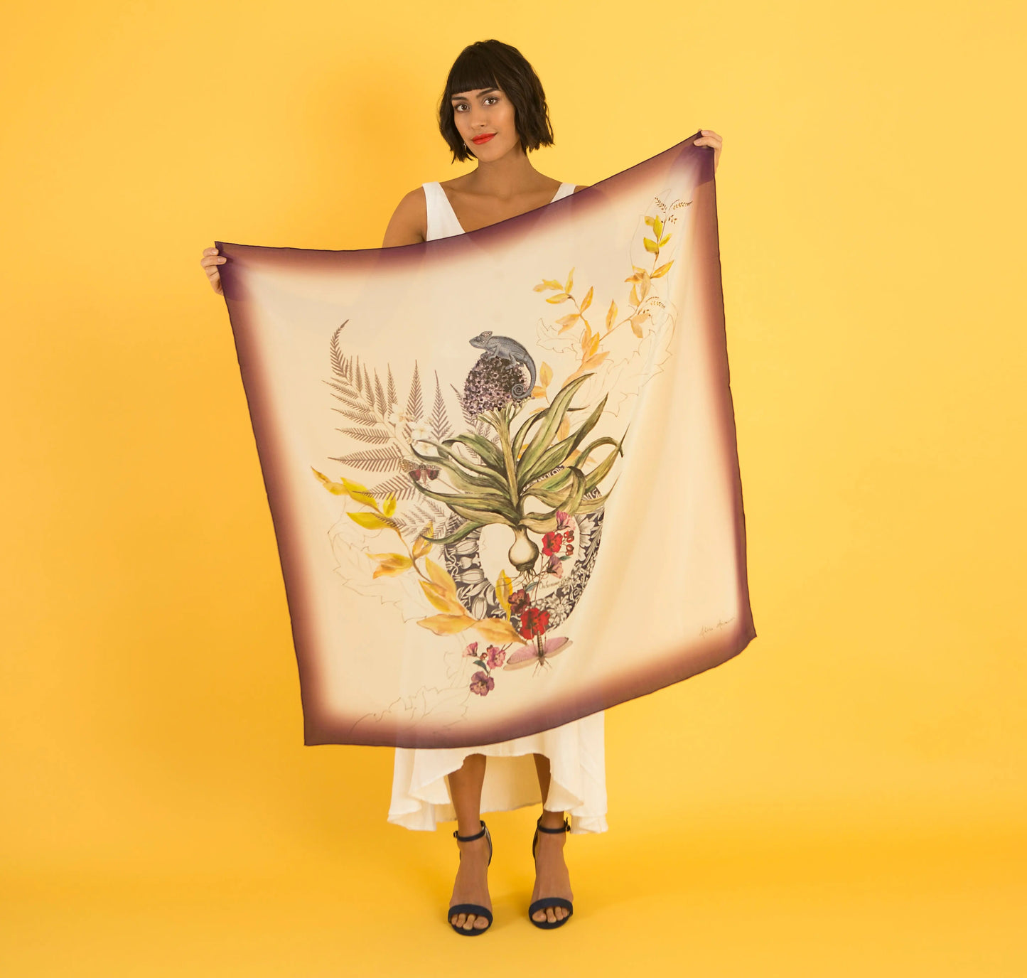 Purple and cream "Akkadian Silk" square Silk scarf Alice Acreman Silks