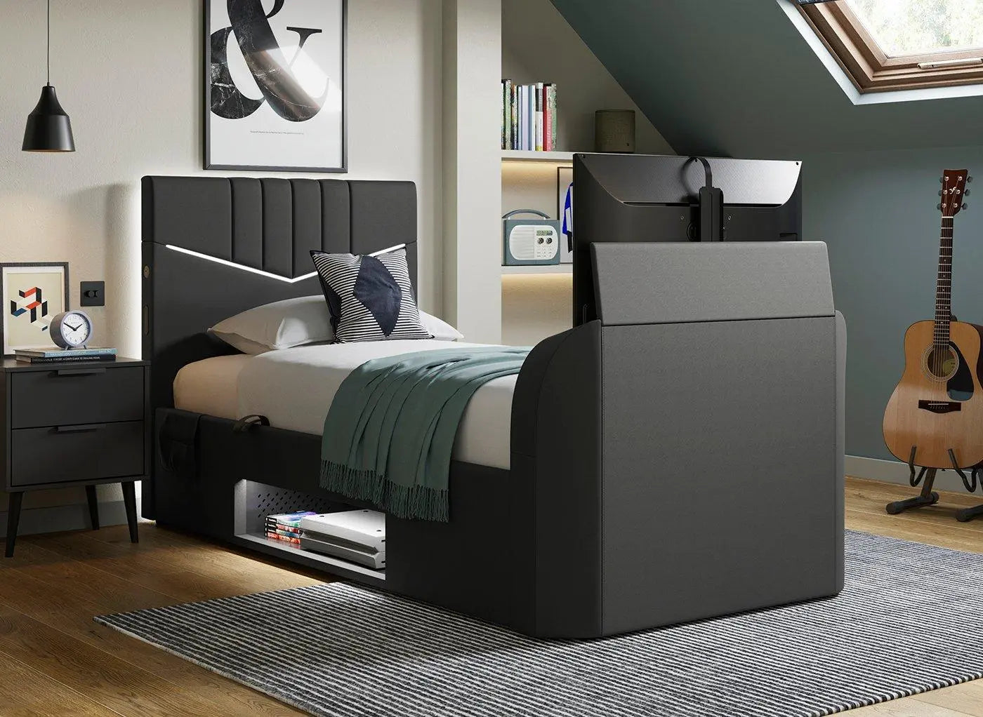 Quantum Ottoman Gaming TV Bed Frame - Black Dreams