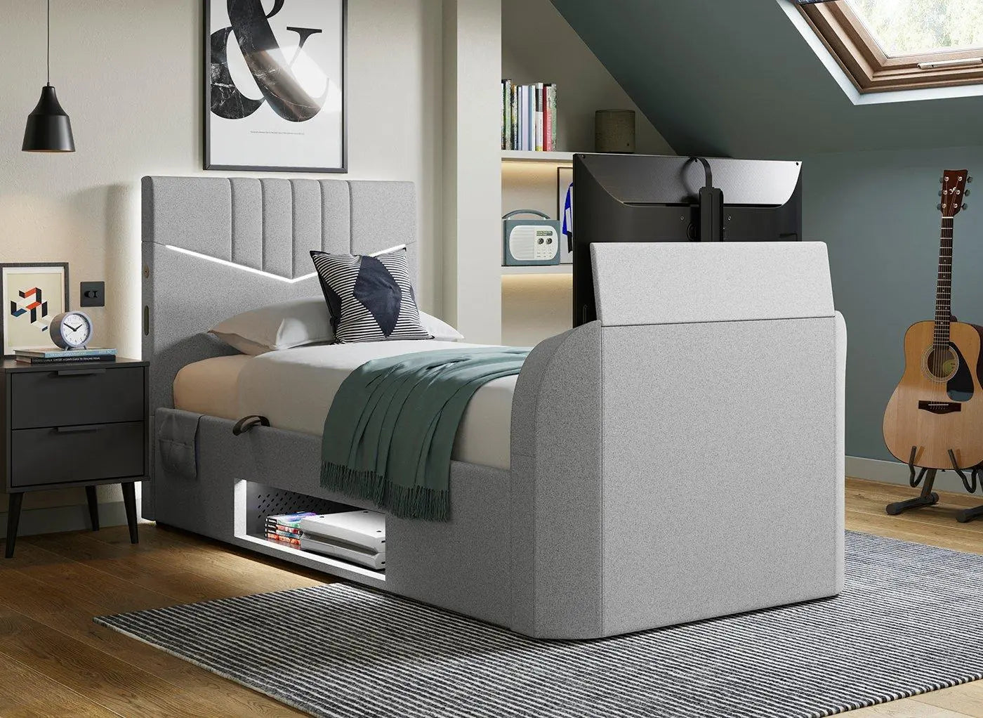 Quantum Ottoman Gaming TV Bed Frame - Grey Dreams