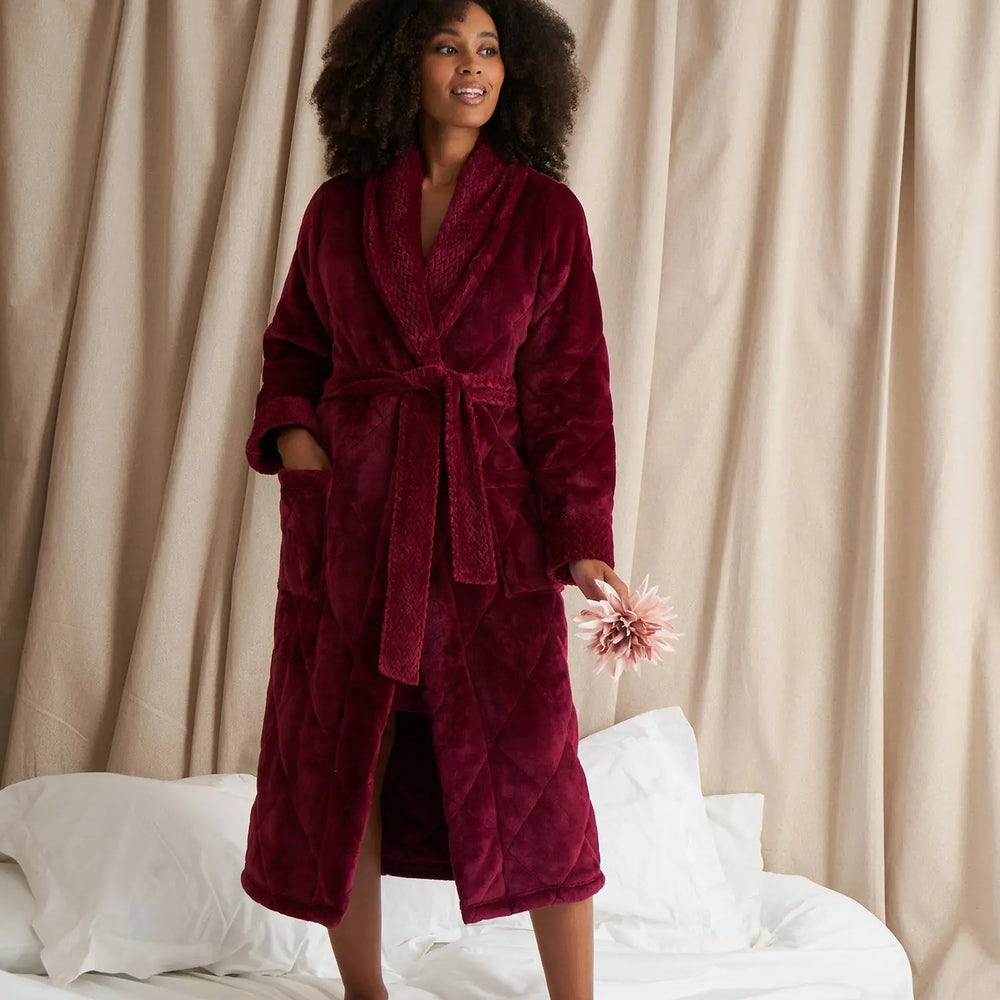 Quilted Velour Robe in Bordeaux Pretty You London