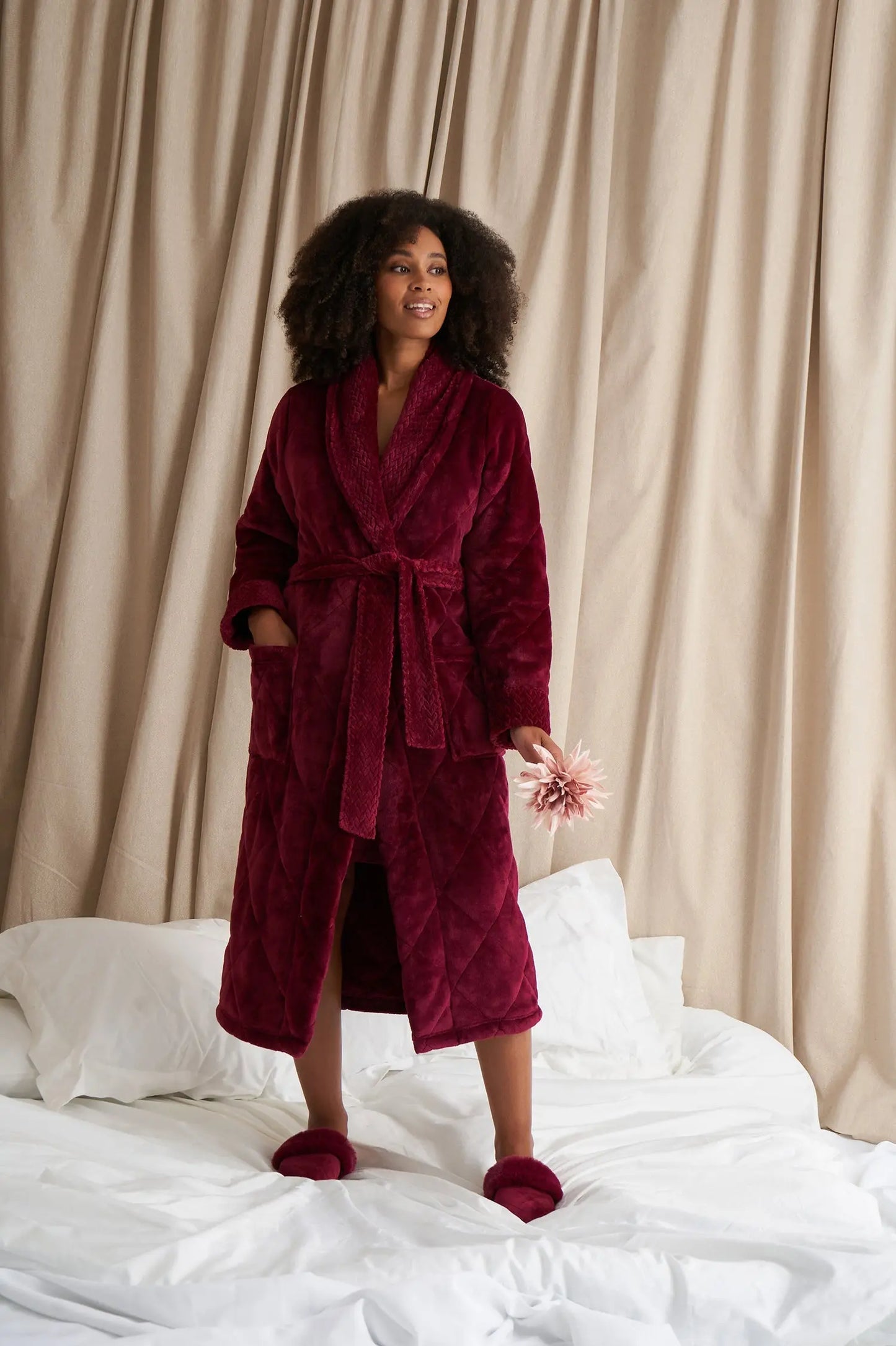 Quilted Velour Robe in Bordeaux Pretty You London