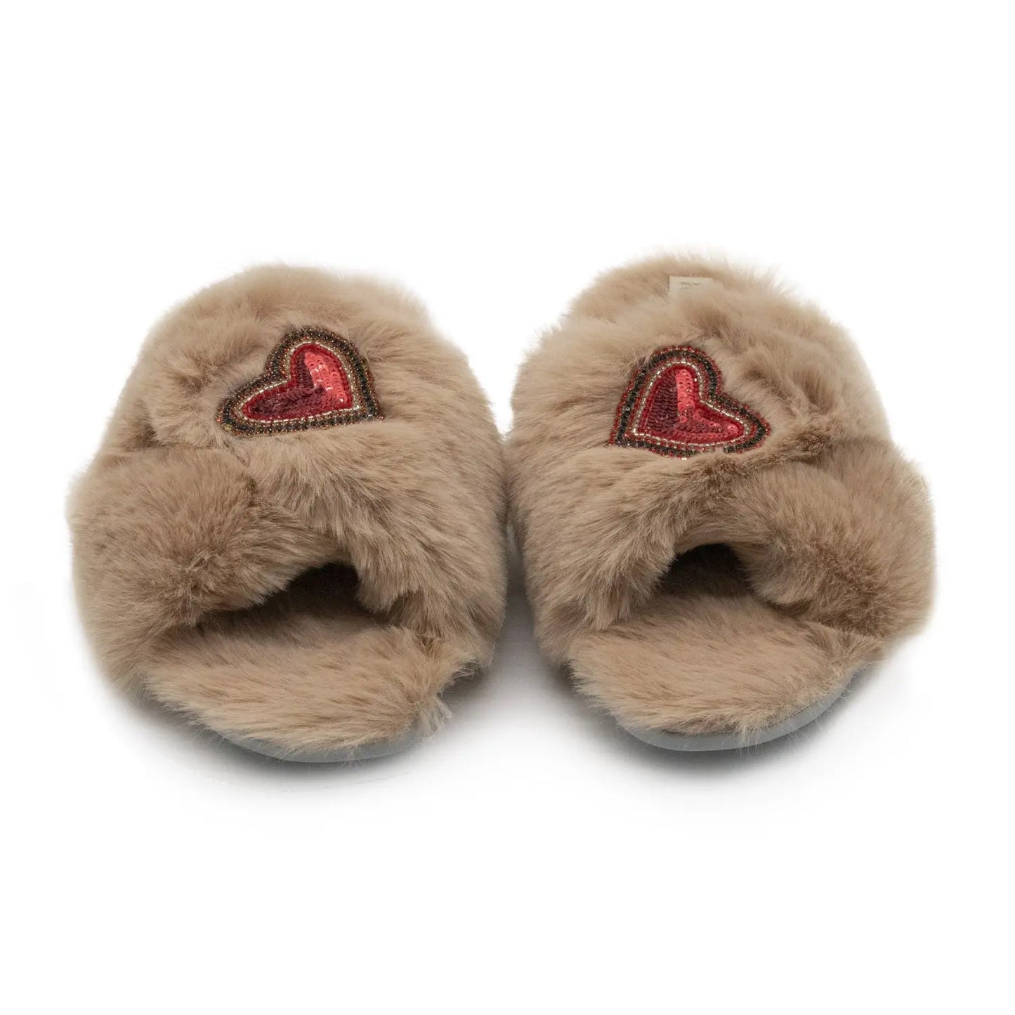RETTROSE Amour Mink Women’s Beige Luxury Faux Fur Slippers – Handmade Plush Indoor Footwear with Diamanté Heart Embellishment Rettrose