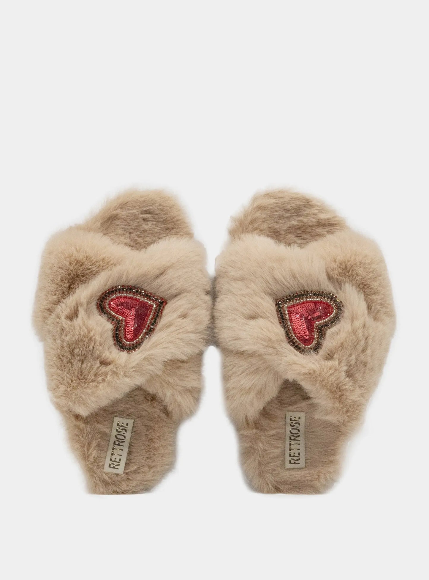 RETTROSE Amour Mink Women’s Beige Luxury Faux Fur Slippers – Handmade Plush Indoor Footwear with Diamanté Heart Embellishment Rettrose