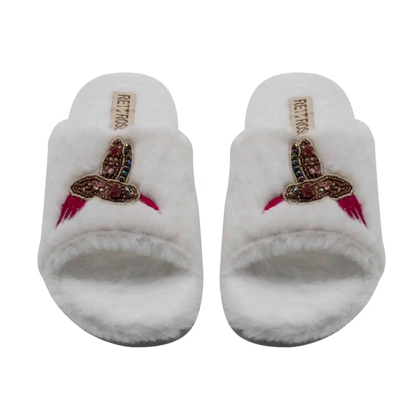 RETTROSE Ariella Women’s White Plush Slippers – Handmade Casual Luxury Slippers with Diamanté Embellishment | Premium Faux Fur Indoor Footwear Rettrose