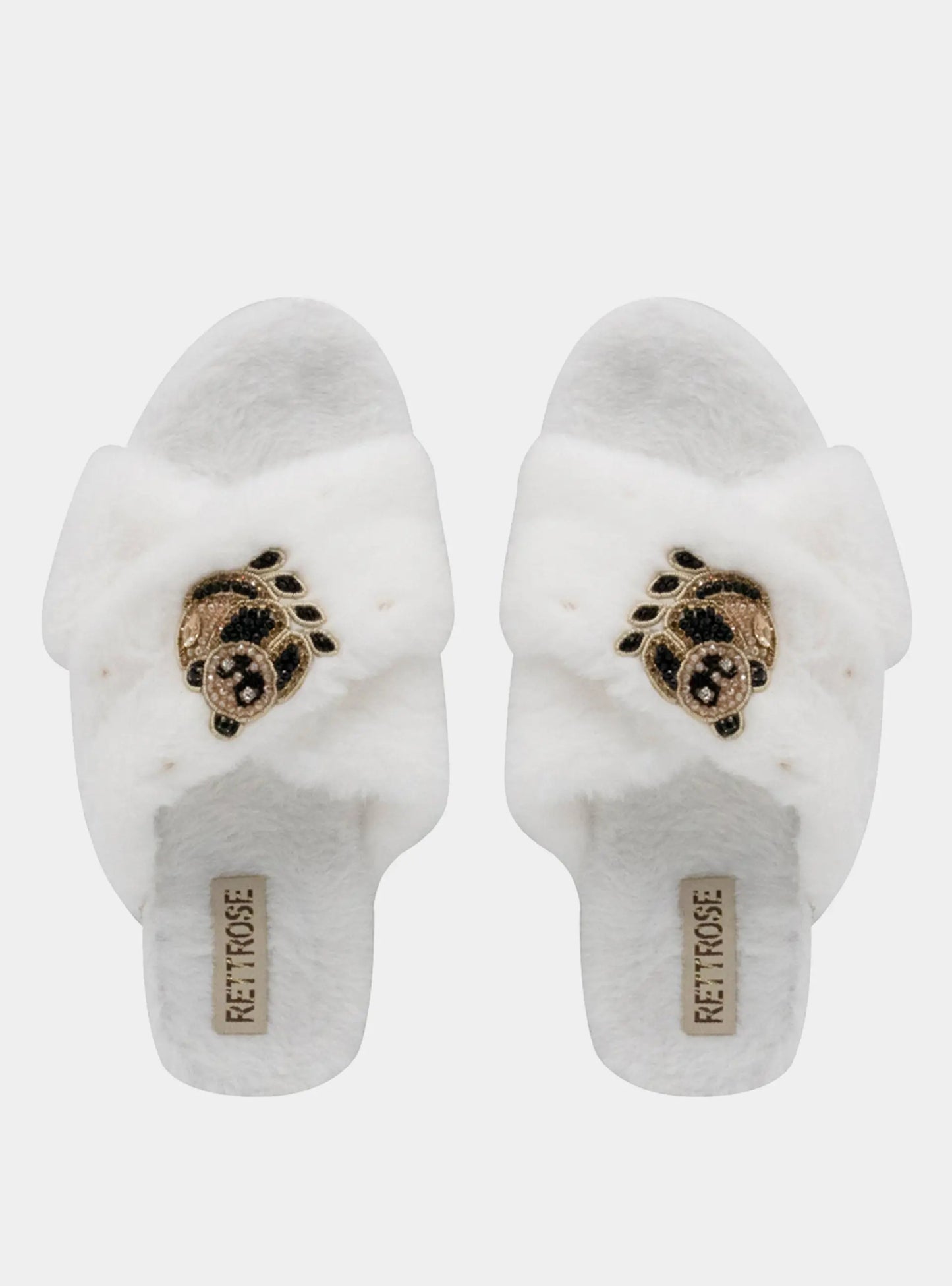 RETTROSE Ember Women’s White Faux Fur Slippers – Luxury Handmade Plush Slippers with Diamanté Panda Appliqué | Comfortable Indoor Footwear Rettrose