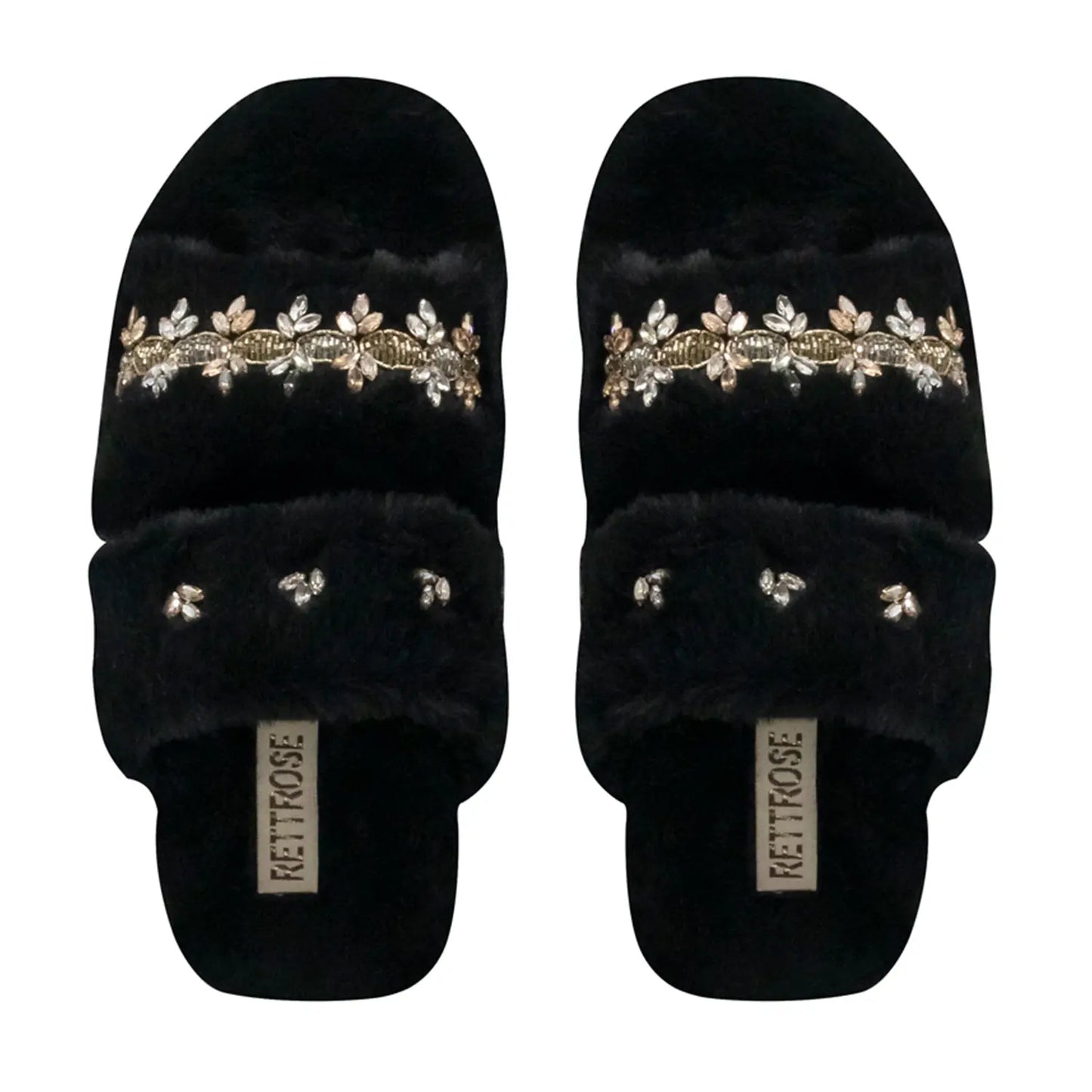RETTROSE Faith Women’s Black Slippers – Lightweight Comfortable Handmade Plush Slippers with Diamanté Bow | Premium Faux Fur Footwear Rettrose