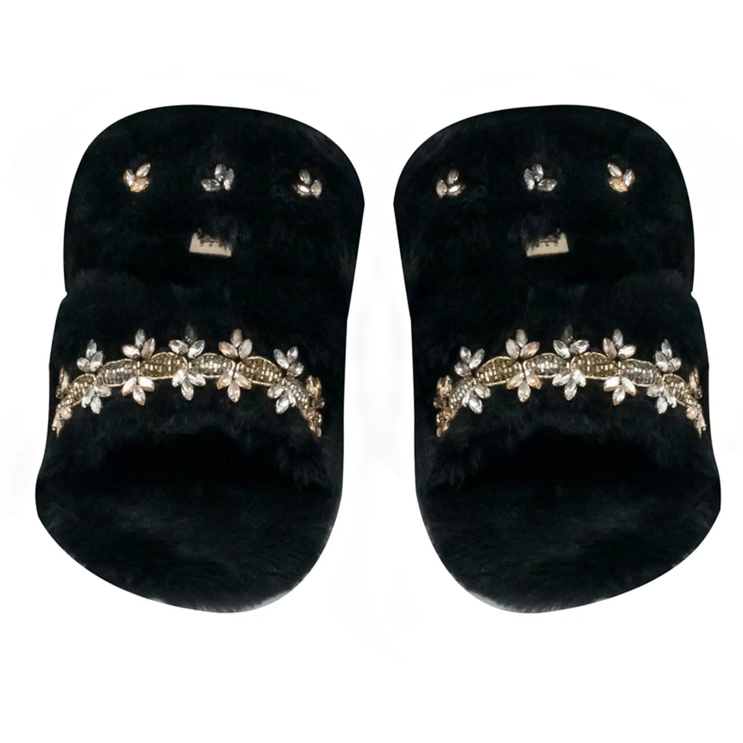 RETTROSE Faith Women’s Black Slippers – Lightweight Comfortable Handmade Plush Slippers with Diamanté Bow | Premium Faux Fur Footwear Rettrose