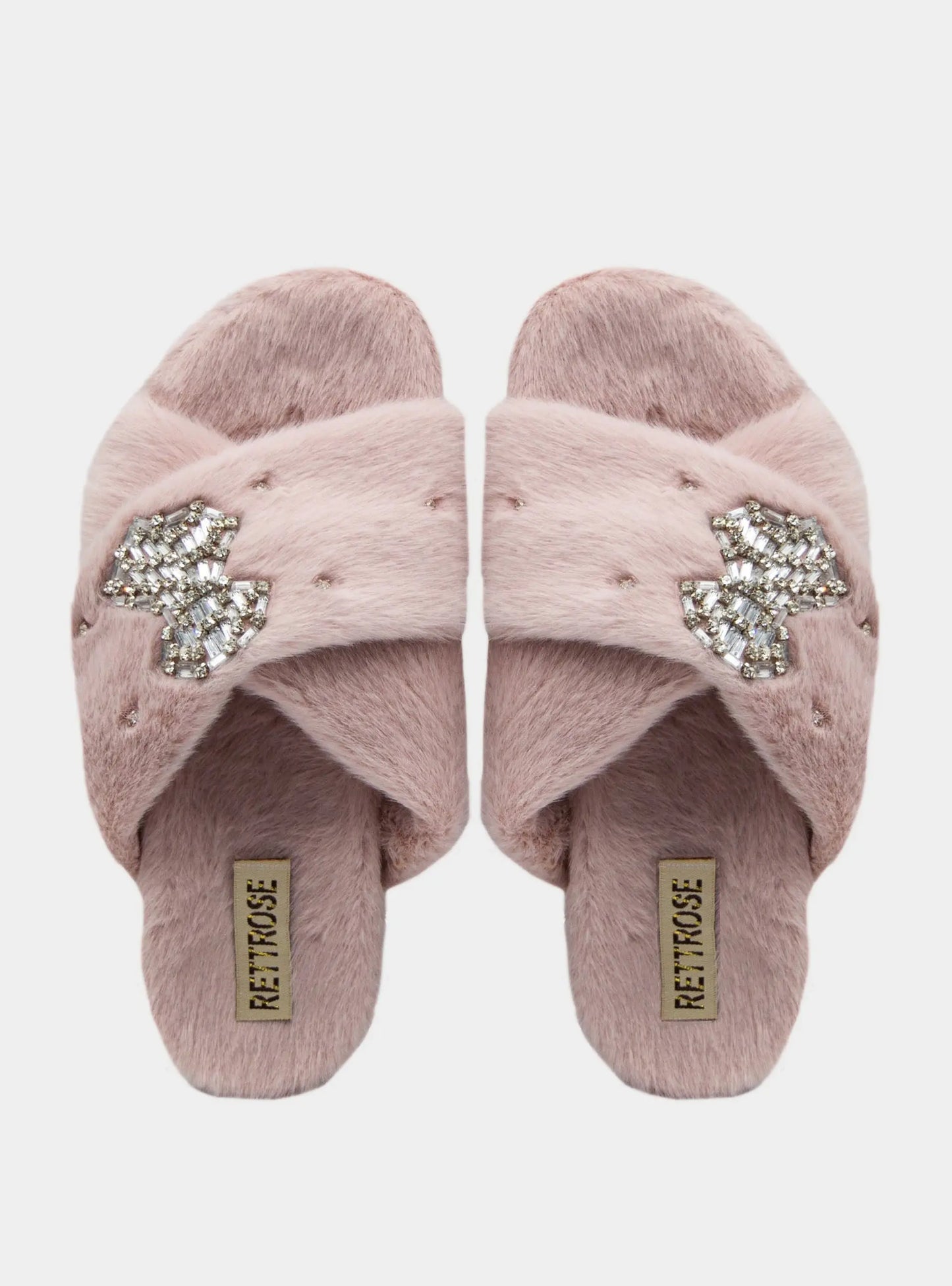 RETTROSE Fefe Women’s Luxury Dusky Pink Slippers – Handmade Faux Fur Plush Slippers with Diamanté Bow | Comfortable & Elegant Indoor Footwear Rettrose