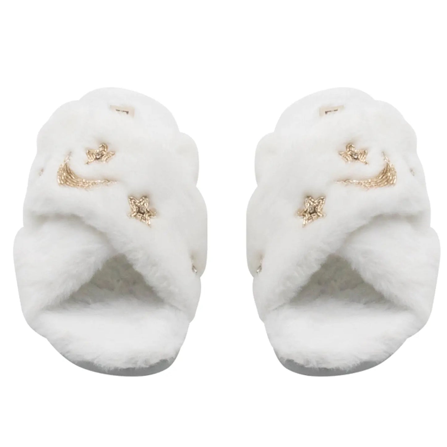 RETTROSE Isabel Women’s White Luxury Faux Fur Slippers – Hand Embellished Star & Moon Diamanté Slides, Synthetic Material Rettrose