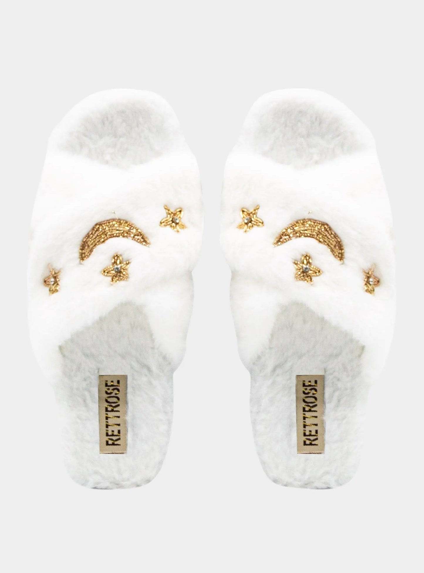 RETTROSE Isabel Women’s White Luxury Faux Fur Slippers – Hand Embellished Star & Moon Diamanté Slides, Synthetic Material Rettrose