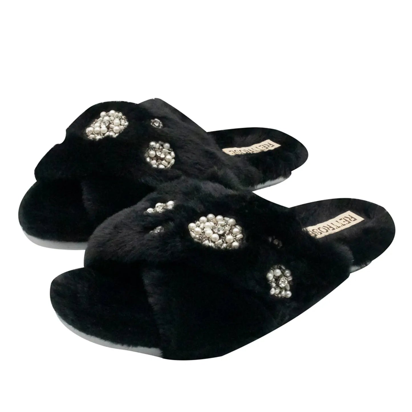 RETTROSE Juliette Luxury Black Faux Fur Women’s Slippers – Handmade Plush Diamanté Embellished Slid Rettrose