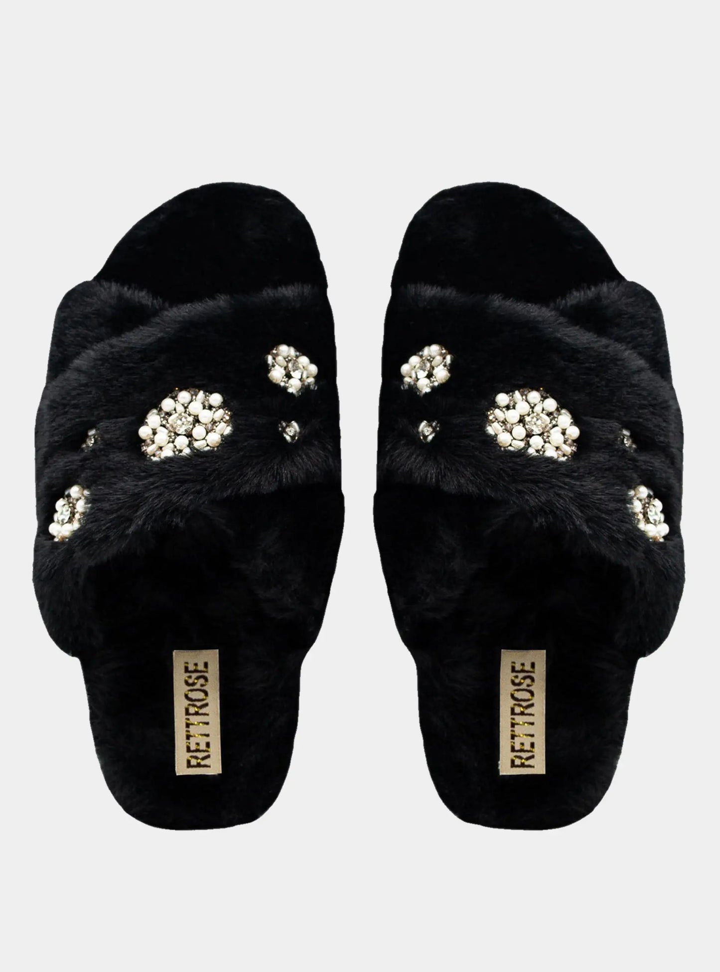 RETTROSE Juliette Luxury Black Faux Fur Women’s Slippers – Handmade Plush Diamanté Embellished Slid Rettrose