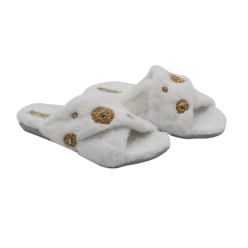 RETTROSE Juliette Women’s Luxury White Slippers – Handmade Faux Fur Plush Indoor Slippers with Diamanté Bow Embellishment | Elegant Lounge Footwear Rettrose
