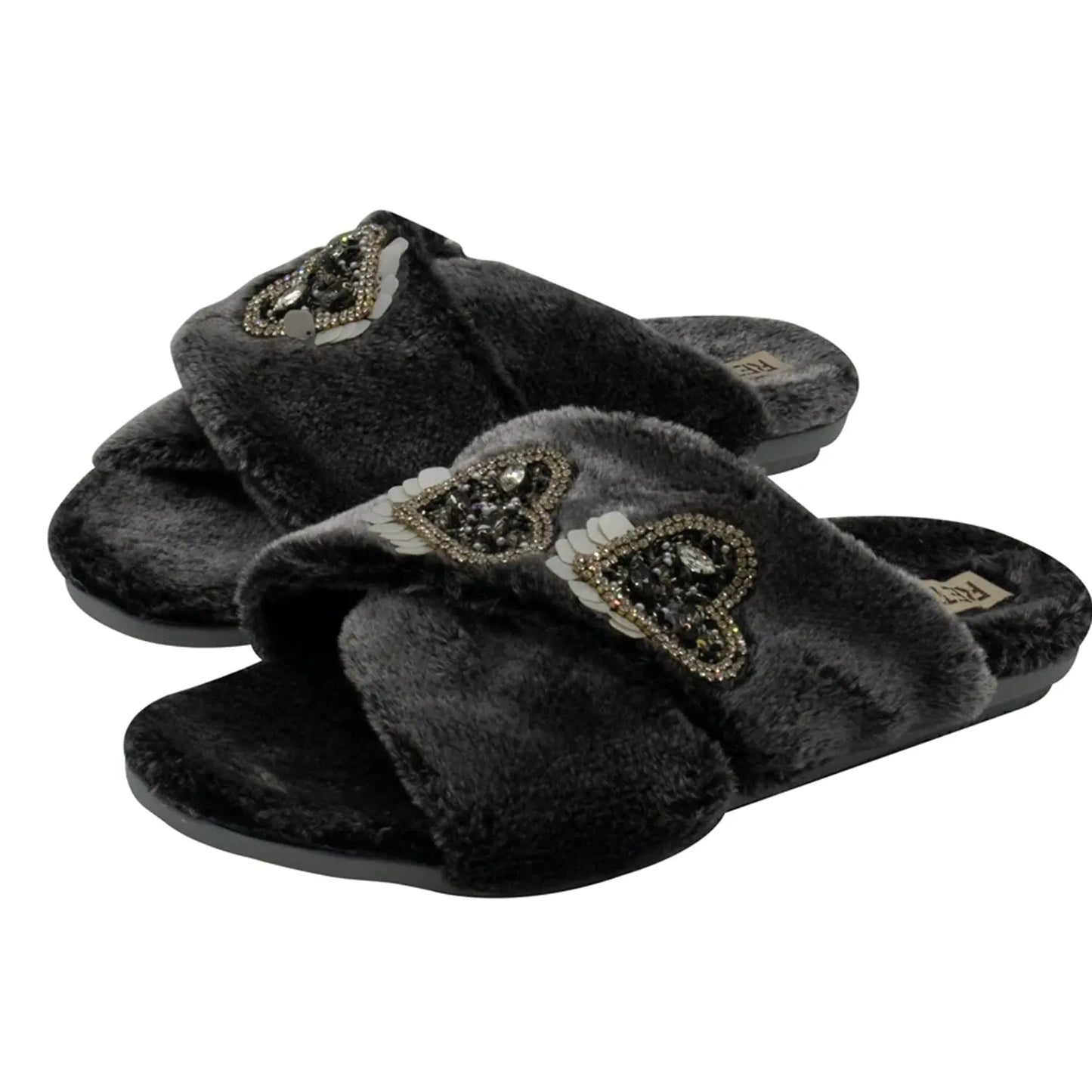 RETTROSE Katie Women’s Luxury Black Slippers – Lightweight Comfortable Handmade Plush Faux Fur Slippers with Diamanté Heart Embellishment Rettrose