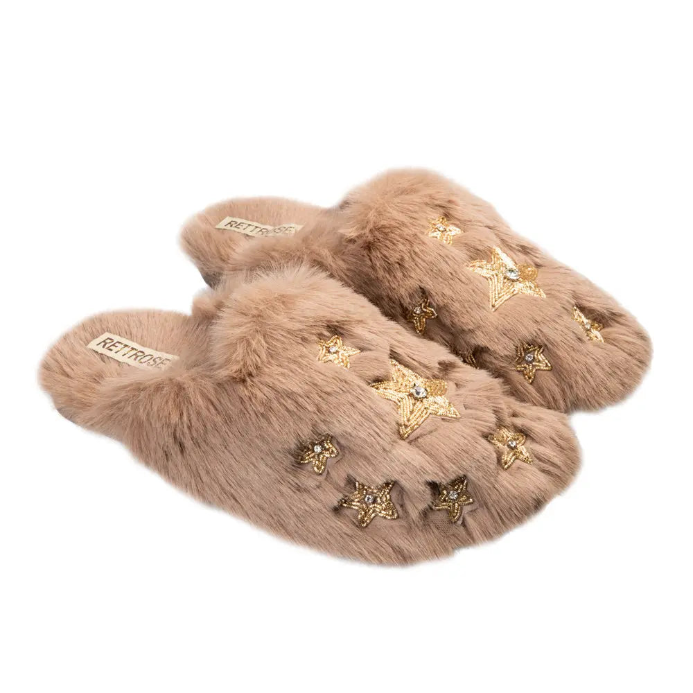 RETTROSE Saylor Women’s Beige Luxury Faux Fur Slippers – Handmade Plush Indoor Slides with Diamanté Star Embellishment Rettrose