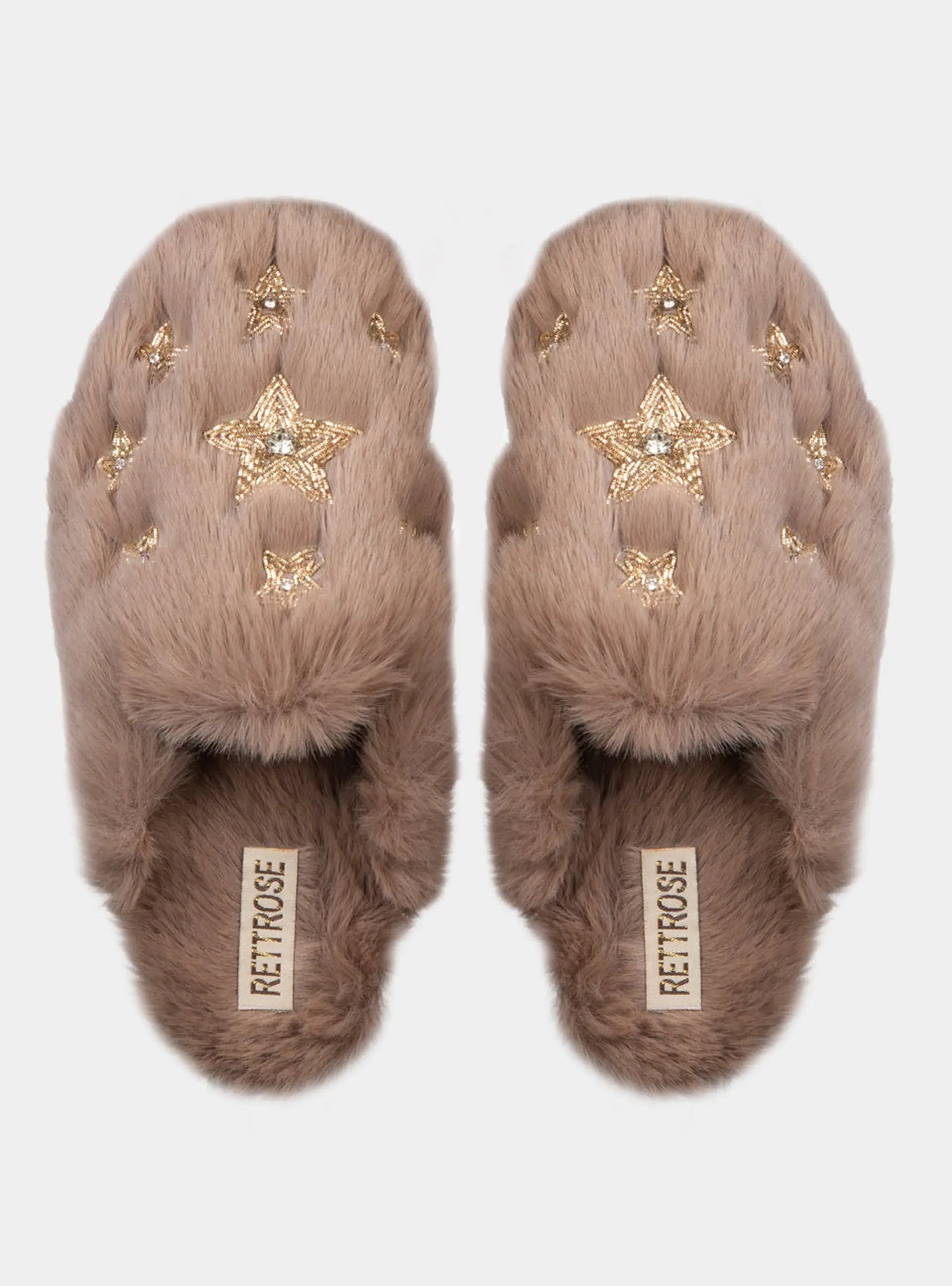 RETTROSE Saylor Women’s Beige Luxury Faux Fur Slippers – Handmade Plush Indoor Slides with Diamanté Star Embellishment Rettrose
