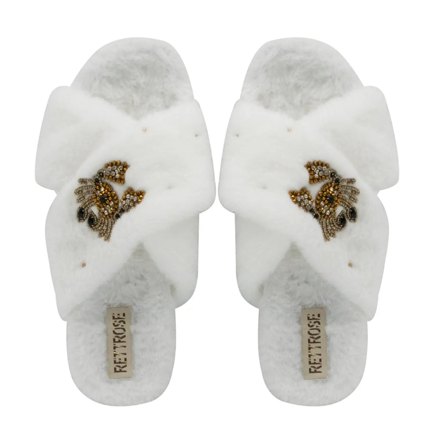 RETTROSE Sophie Women’s White Luxury Faux Fur Slippers – Handmade Plush Indoor Slippers with Diamanté Crab Embellishment | Elegant Cream-Colored Lounge Footwear Rettrose