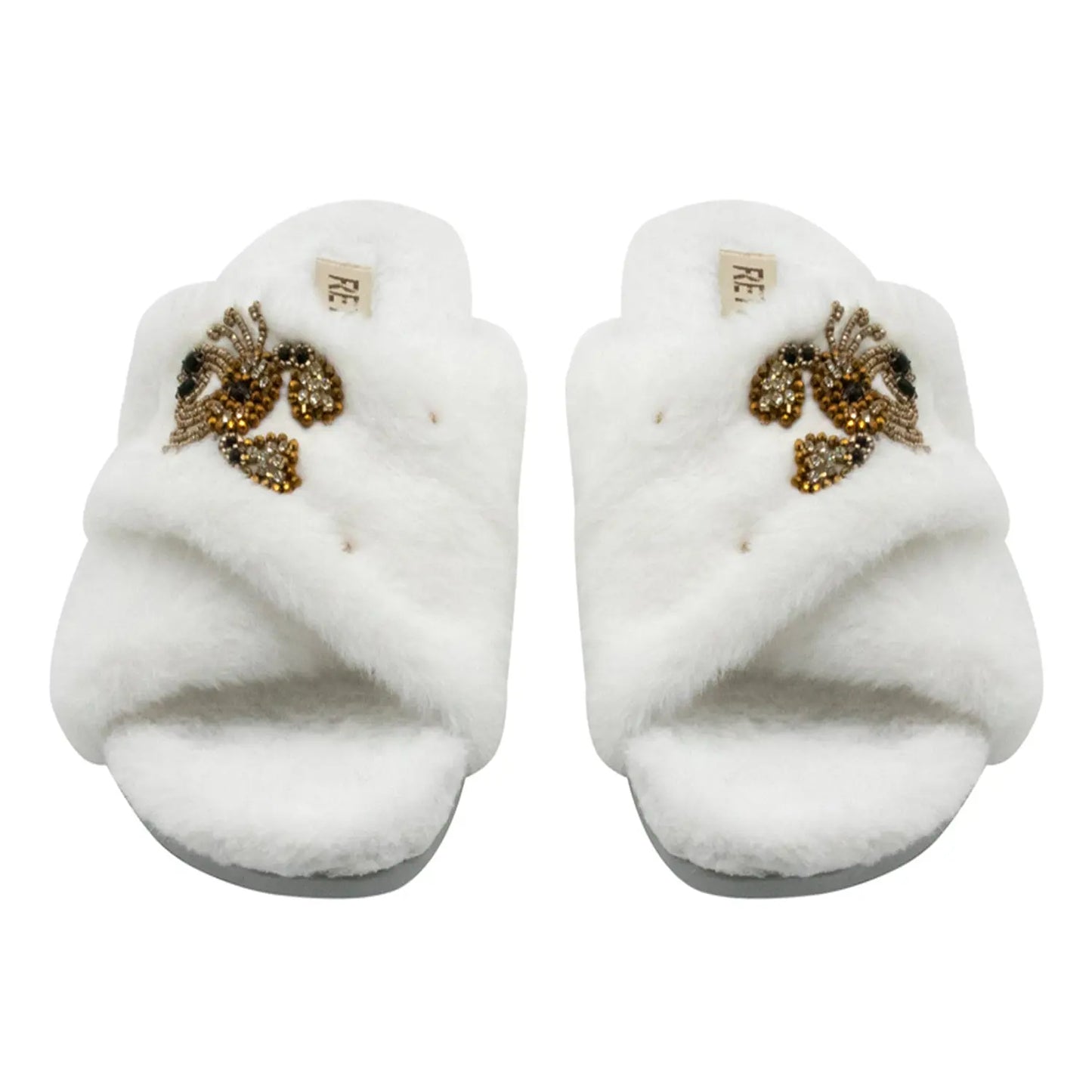RETTROSE Sophie Women’s White Luxury Faux Fur Slippers – Handmade Plush Indoor Slippers with Diamanté Crab Embellishment | Elegant Cream-Colored Lounge Footwear Rettrose