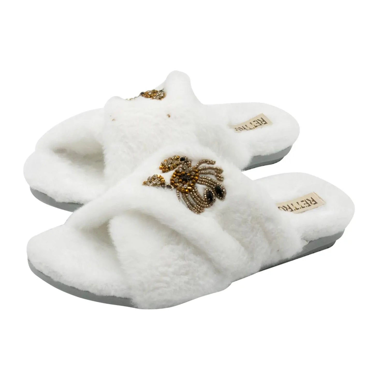 RETTROSE Sophie Women’s White Luxury Faux Fur Slippers – Handmade Plush Indoor Slippers with Diamanté Crab Embellishment | Elegant Cream-Colored Lounge Footwear Rettrose