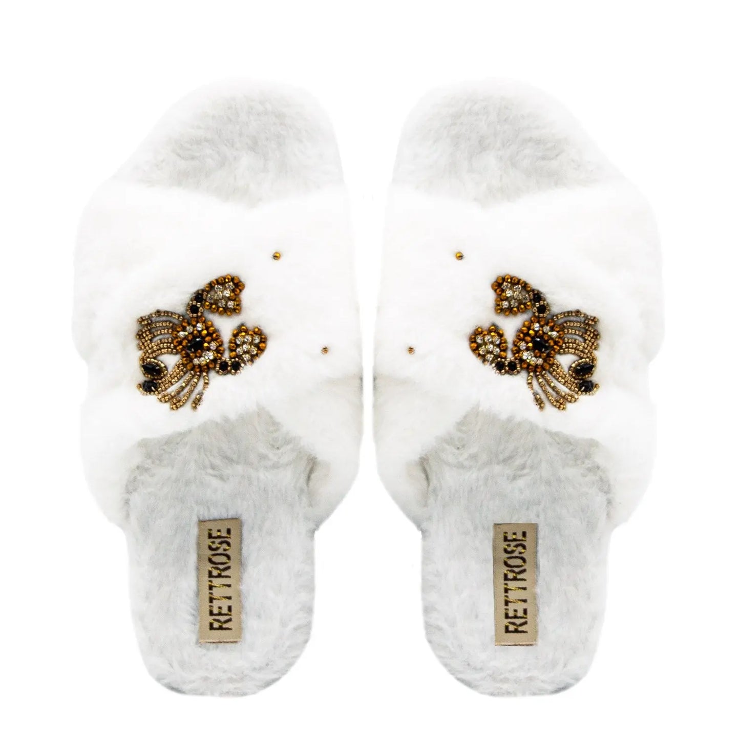 RETTROSE Sophie Women’s White Luxury Faux Fur Slippers – Handmade Plush Indoor Slippers with Diamanté Crab Embellishment | Elegant Cream-Colored Lounge Footwear Rettrose