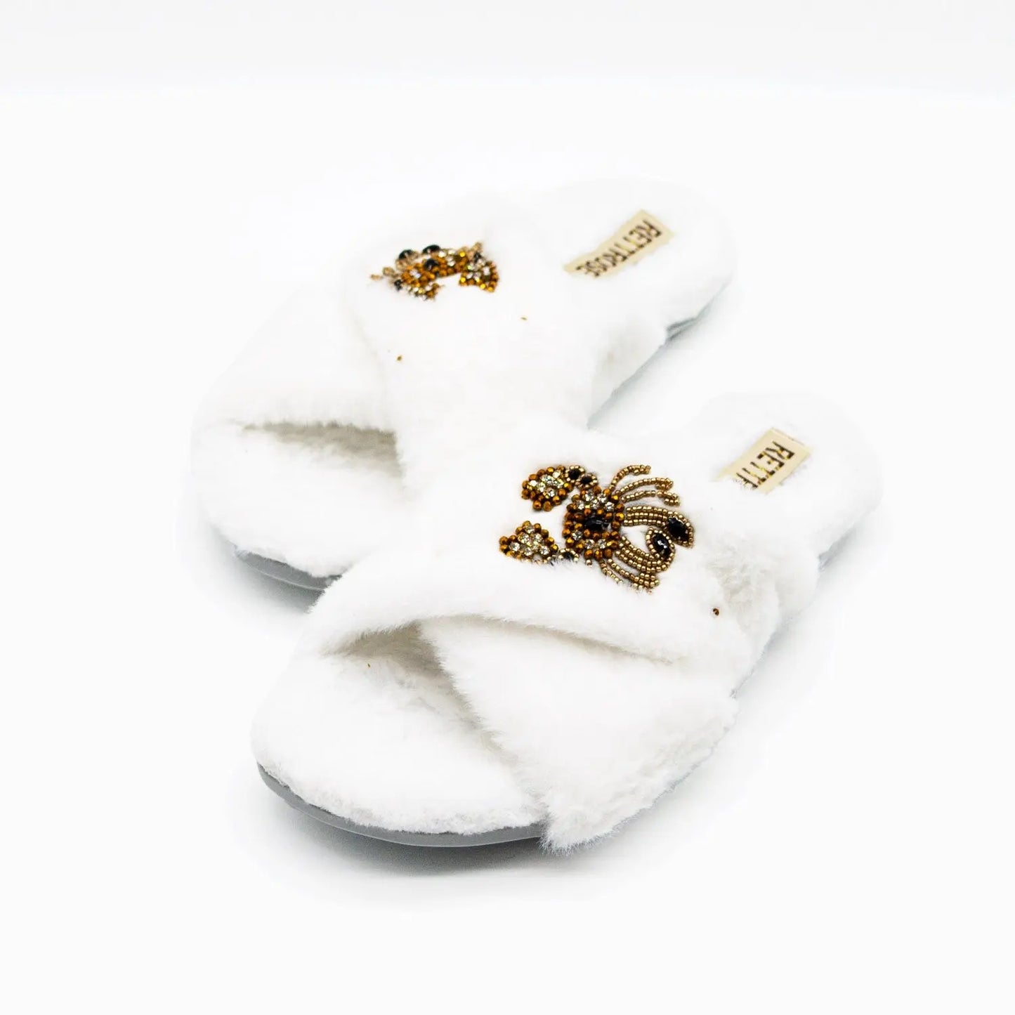 RETTROSE Sophie Women’s White Luxury Faux Fur Slippers – Handmade Plush Indoor Slippers with Diamanté Crab Embellishment | Elegant Cream-Colored Lounge Footwear Rettrose