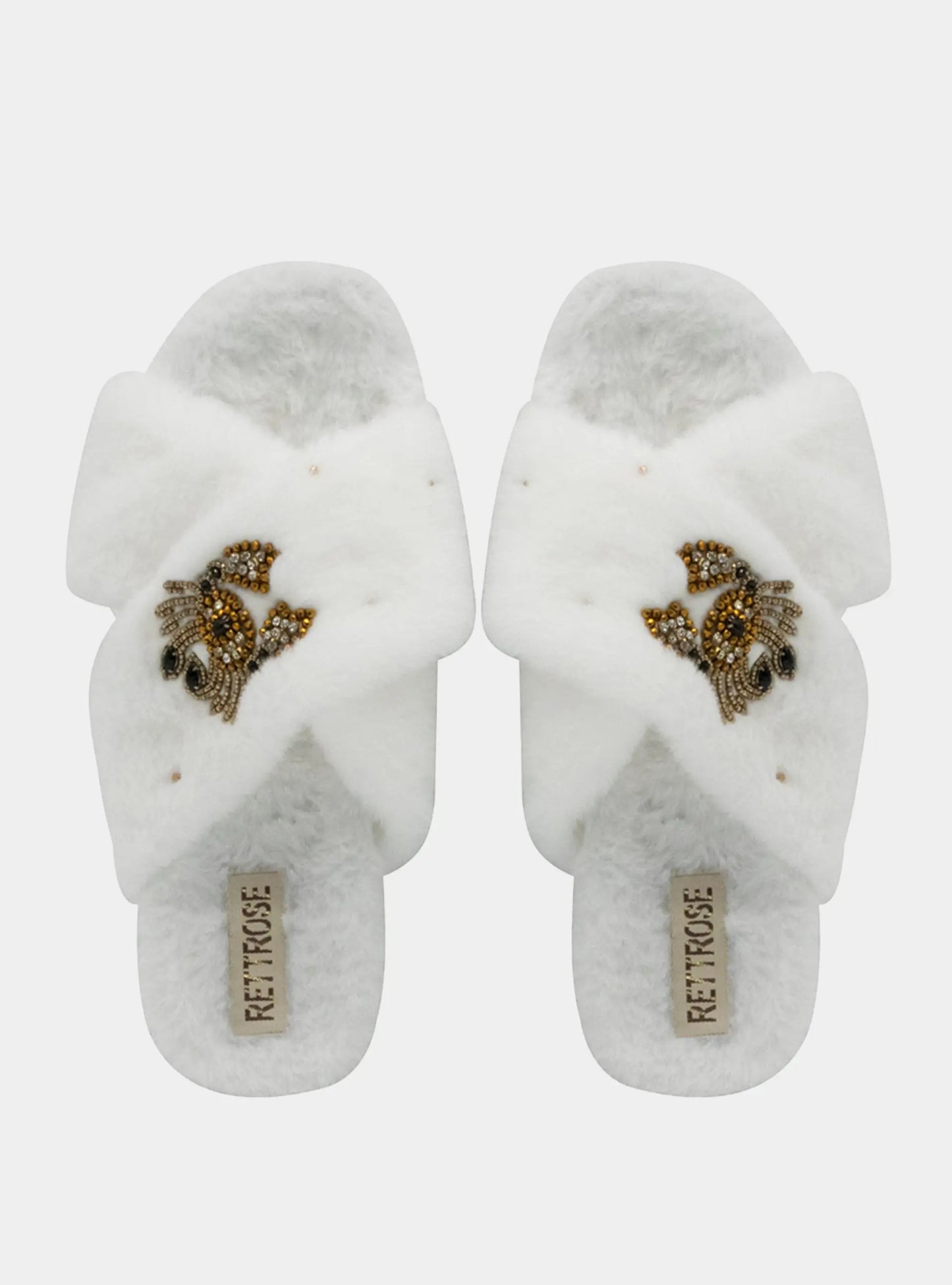 RETTROSE Sophie Women’s White Luxury Faux Fur Slippers – Handmade Plush Indoor Slippers with Diamanté Crab Embellishment | Elegant Cream-Colored Lounge Footwear Rettrose