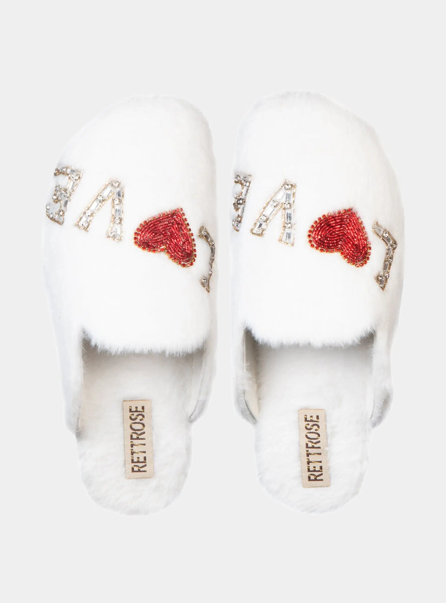 RETTROSE Anastasia Cream Women’s Luxury Slippers – Handmade White Faux Fur Slippers with Diamanté Love Appliqué | RETTROSE Rettrose