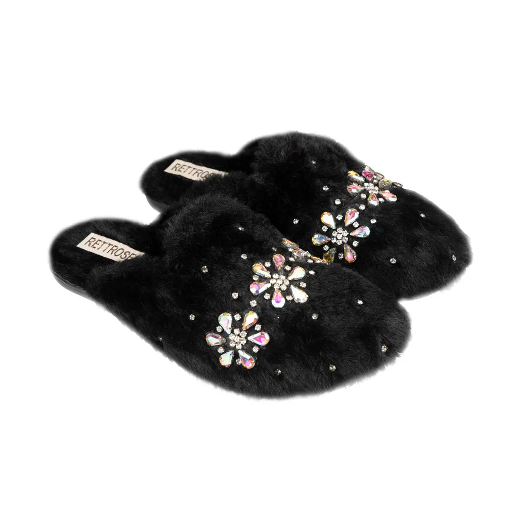 RETTROSE Kamila Black Women’s Luxury Slippers – Plush Handmade Faux Fur Slippers with Diamanté Embellishment by RETTROSE Rettrose