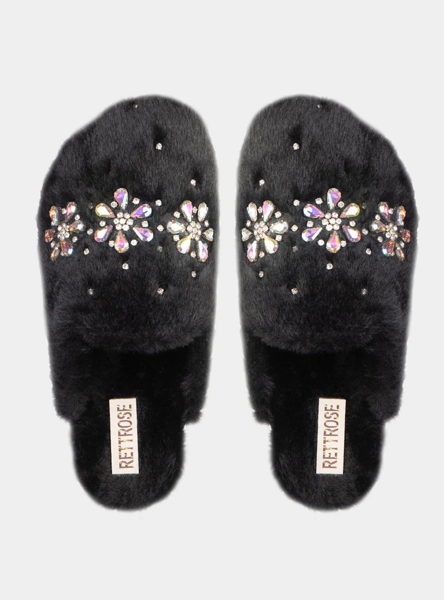 RETTROSE Kamila Black Women’s Luxury Slippers – Plush Handmade Faux Fur Slippers with Diamanté Embellishment by RETTROSE Rettrose