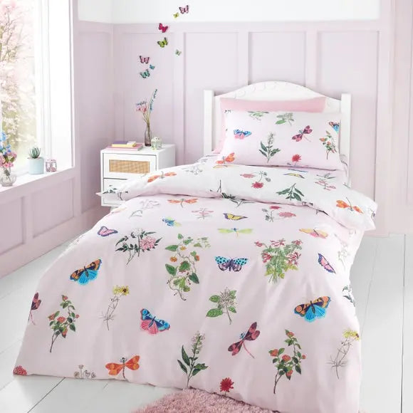 RHS Butterfly Garden Pink Reversible Duvet Cover and Pillowcase Set Dunelm