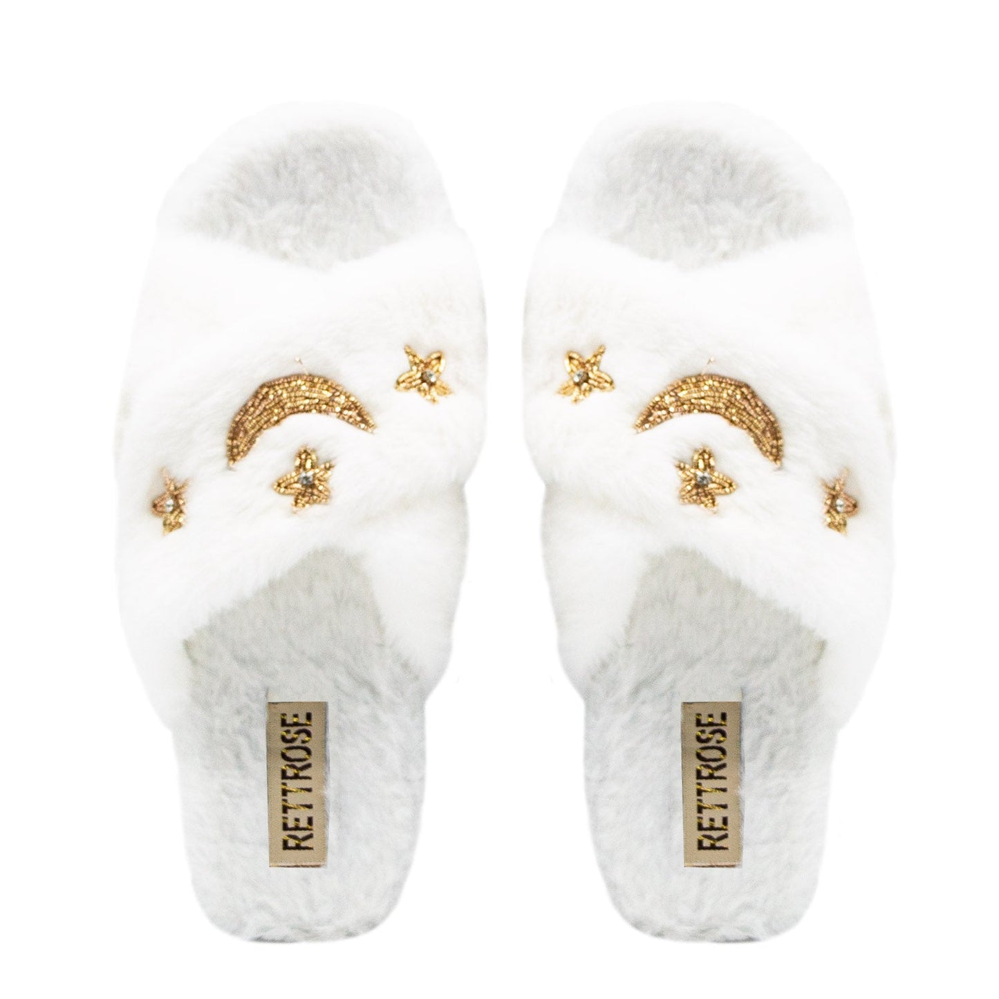 RETTROSE Isabel Women’s White Luxury Faux Fur Slippers – Hand Embellished Star & Moon Diamanté Slides, Synthetic Material Rettrose