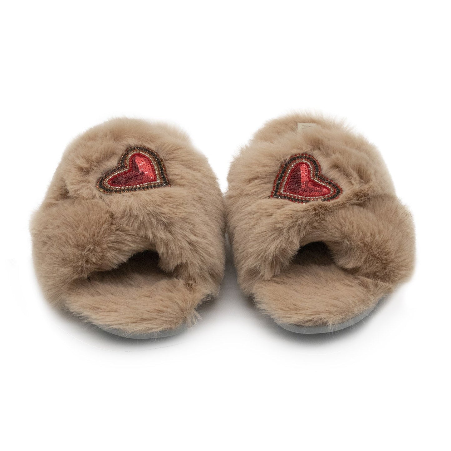 RETTROSE Amour Mink Women’s Beige Luxury Faux Fur Slippers – Handmade Plush Indoor Footwear with Diamanté Heart Embellishment Rettrose
